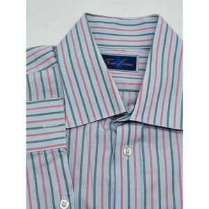 Tom James Mens Dress Shirt Striped Custom Made Light Blue Pink Gray‎